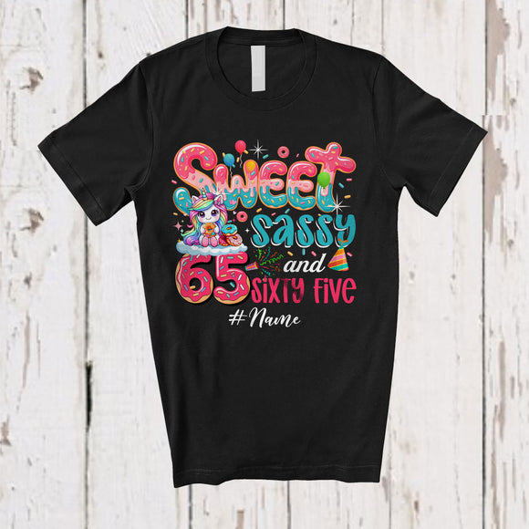 MacnyStore - Personalized Custom Name Sweet Sassy Sixty Five 65th Birthday; Lovely Unicorn Donut Family T-Shirt