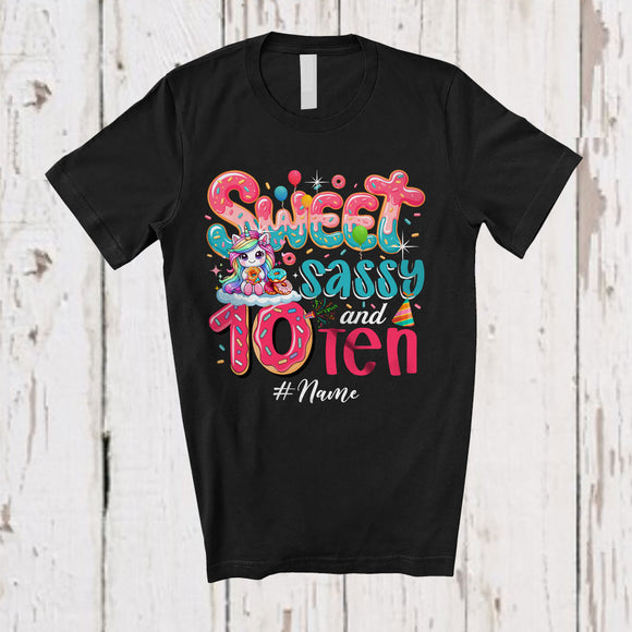 MacnyStore - Personalized Custom Name Sweet Sassy Ten 10th Birthday; Lovely Unicorn Donut Family T-Shirt