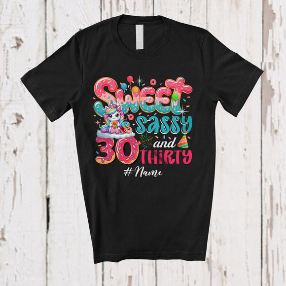MacnyStore - Personalized Custom Name Sweet Sassy Thirty 30th Birthday; Lovely Unicorn Donut Family T-Shirt