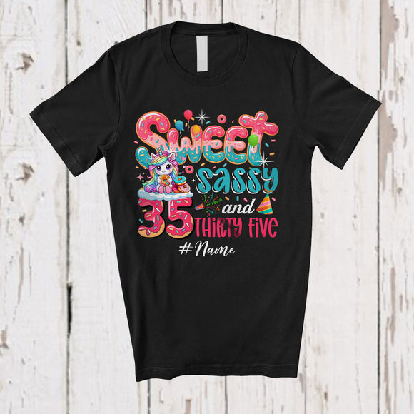 MacnyStore - Personalized Custom Name Sweet Sassy Thirty Five 35th Birthday; Lovely Unicorn Donut Family T-Shirt