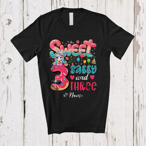 MacnyStore - Personalized Custom Name Sweet Sassy Three 3rd Birthday; Lovely Unicorn Donut Family T-Shirt