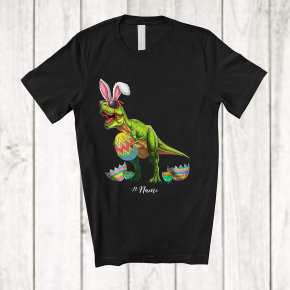 MacnyStore - Personalized Custom Name T-Rex Bunny With Egg Basket; Humorous Easter Eggs Hunting T-Shirt