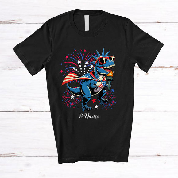 MacnyStore - Personalized Custom Name T-Rex Liberty US Flag Sunglasses; Amazing 4th Of July Patriotic T-Shirt
