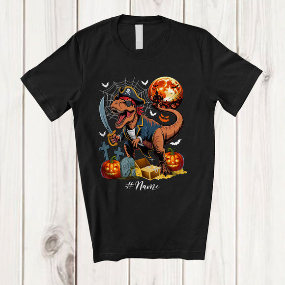 MacnyStore - Personalized Custom Name T-Rex Pirate; Lovely Halloween Dinosaur T-Rex Animal Pumpkin T-Shirt