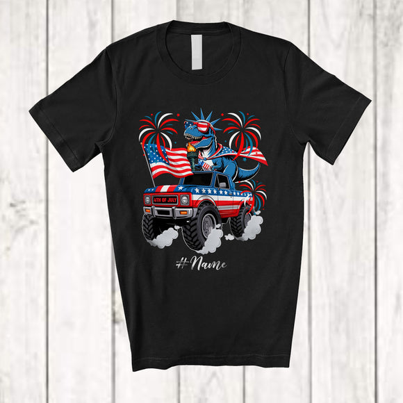 MacnyStore - Personalized Custom Name T-Rex Liberty On Monster Truck; Cheerful 4th Of July Patriotic T-Shirt
