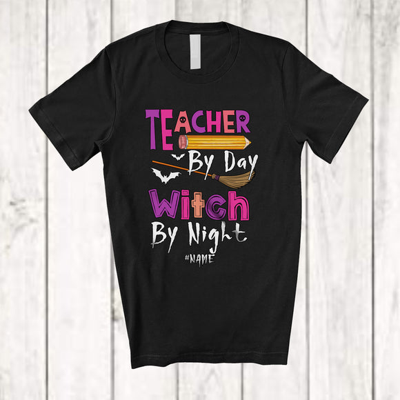 MacnyStore - Personalized Custom Name Teacher By Day Witch By Night; Scary Halloween Teaching Witch T-Shirt