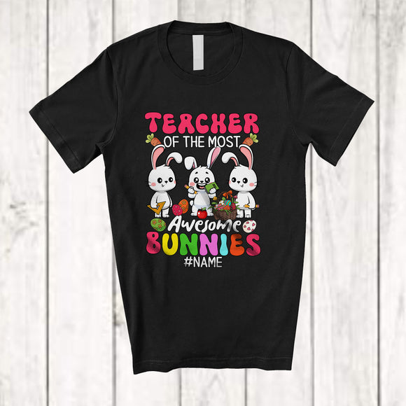 MacnyStore - Personalized Custom Name Teacher Of The Most Awesome Bunnies; Lovely Easter 3 Bunnies Eggs T-Shirt