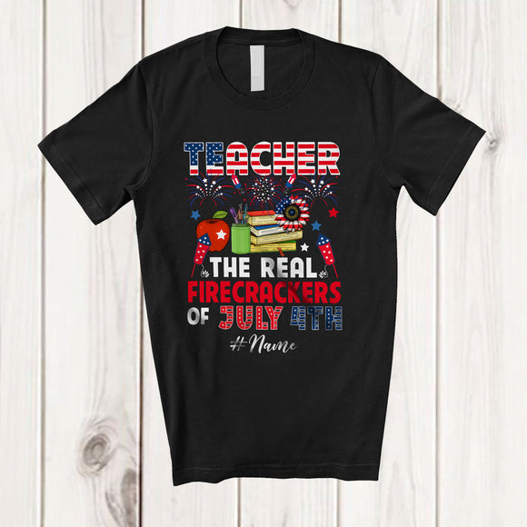 MacnyStore - Personalized Custom Name Teacher Real Firecrackers; Joyful 4th Of July Fireworks; Patriotic T-Shirt