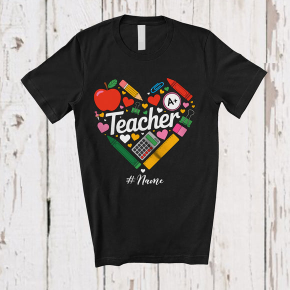 MacnyStore - Personalized Custom Name Teacher; Lovely Back To School Tools Collection Heart Shape T-Shirt