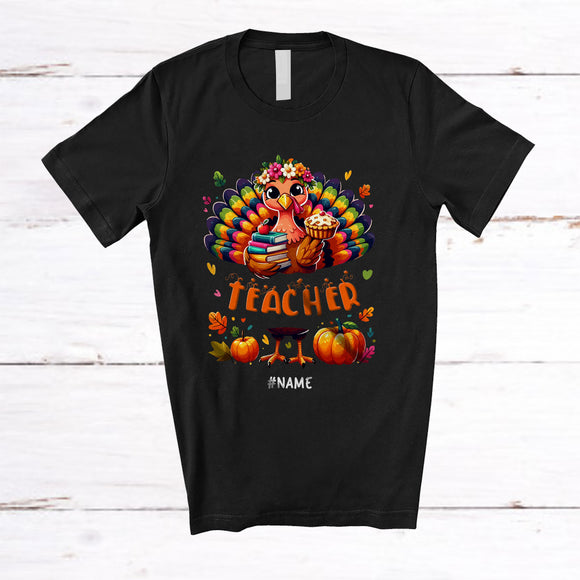 MacnyStore - Personalized Custom Name Teacher; Lovely Thanksgiving Turkey Pie Book Education Jobs T-Shirt