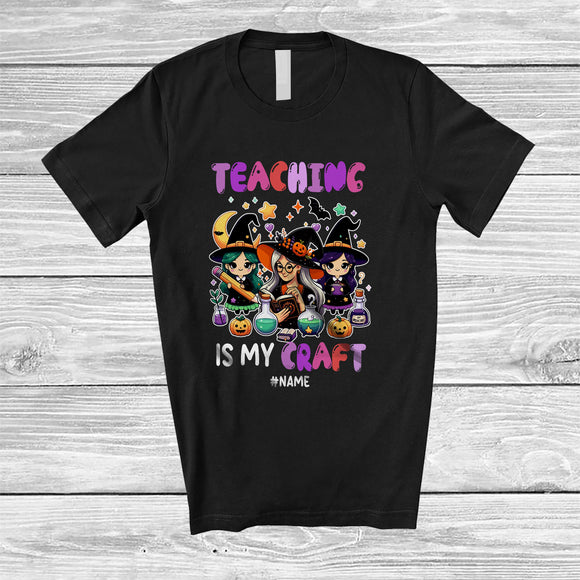 MacnyStore - Personalized Custom Name Teaching Is My Craft; Creepy Halloween Groovy Witch; Teacher Squad T-Shirt