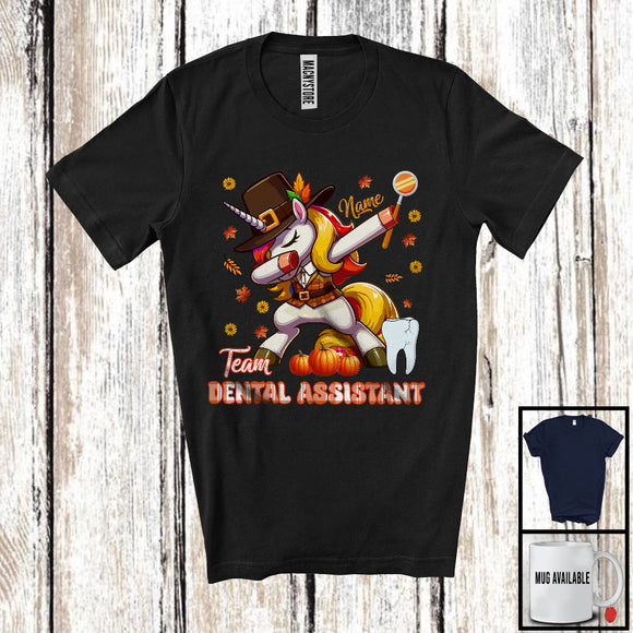 MacnyStore - Personalized Custom Name Team Dental Assistant, Joyful Thanksgiving Dabbing Unicorn, Plaid Careers T-Shirt