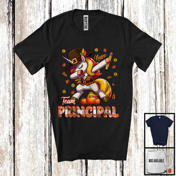 MacnyStore - Personalized Custom Name Team Principal, Joyful Thanksgiving Dabbing Unicorn, Plaid Careers T-Shirt
