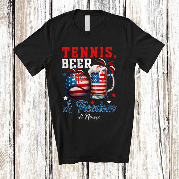 MacnyStore - Personalized Custom Name Tennis Beer Freedom; Joyful 4th of July Drinking Player; Patriotic T-Shirt