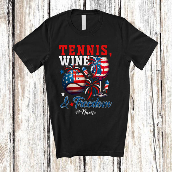 MacnyStore - Personalized Custom Name Tennis Wine Freedom; Joyful 4th of July Drinking Player; Patriotic T-Shirt