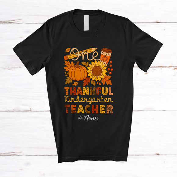MacnyStore - Personalized Custom Name Thankful Kindergarten Teacher; Amazing Thanksgiving Pumpkin Sunflowers T-Shirt