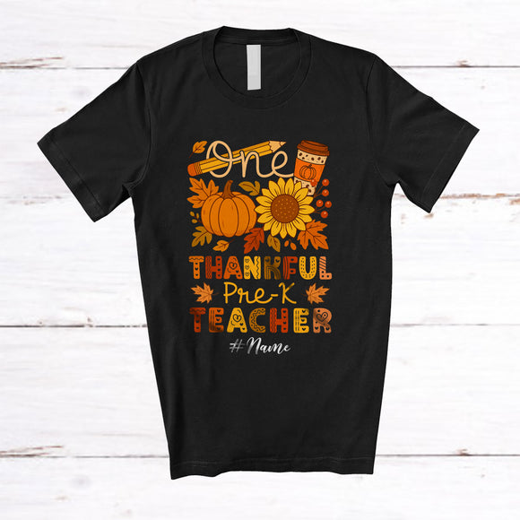 MacnyStore - Personalized Custom Name Thankful Pre-K Teacher; Amazing Thanksgiving Pumpkin Sunflowers T-Shirt