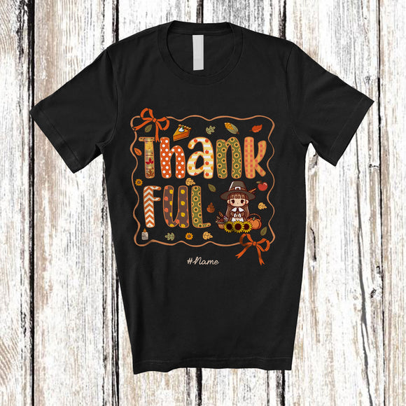 MacnyStore - Personalized Custom Name Thankful; Awesome Thanksgiving Pilgrim Girl Women; Fall Leaves T-Shirt