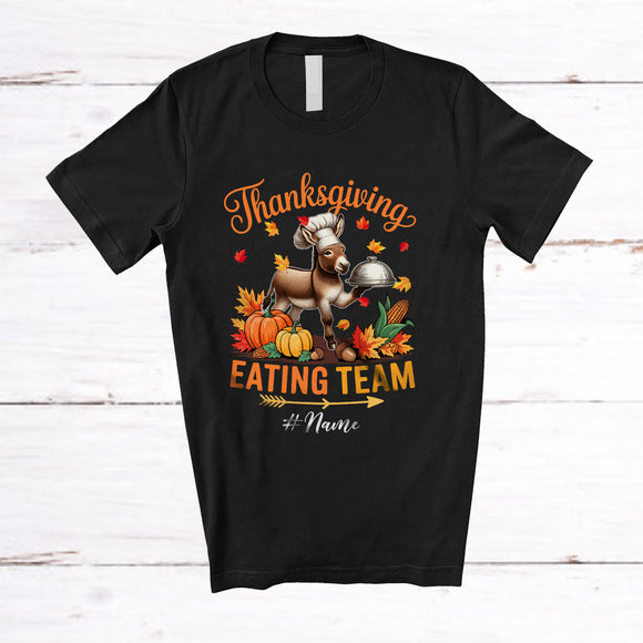 MacnyStore - Personalized Custom Name Thanksgiving Eating Team; Lovely Fall Leaves Donkey Farmer Family T-Shirt