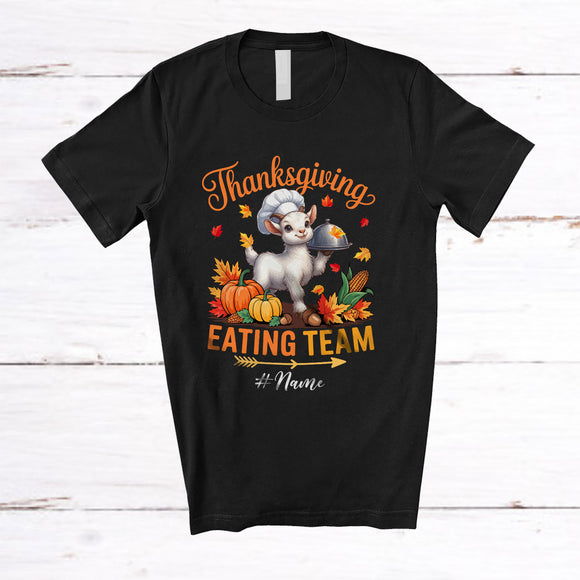 MacnyStore - Personalized Custom Name Thanksgiving Eating Team; Lovely Fall Leaves Goat Farmer Family T-Shirt