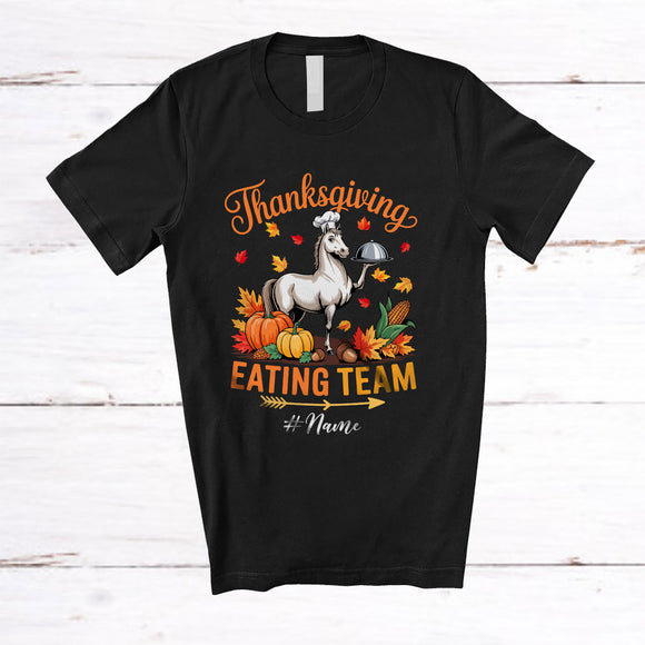 MacnyStore - Personalized Custom Name Thanksgiving Eating Team; Lovely Fall Leaves Horse Farmer Family T-Shirt