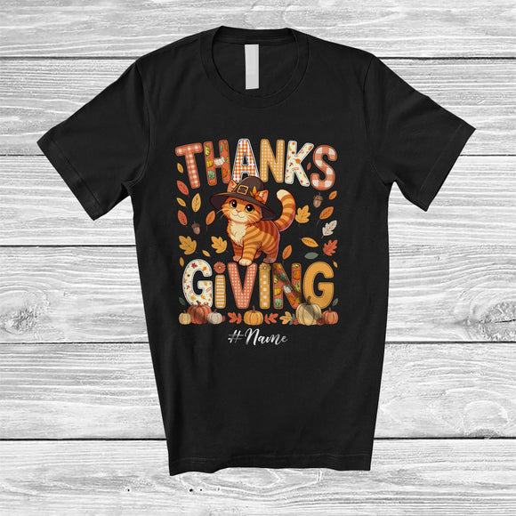 MacnyStore - Personalized Custom Name Thanksgiving; Adorable Plaid Pilgrim Cat Fall Leaves; Family T-Shirt