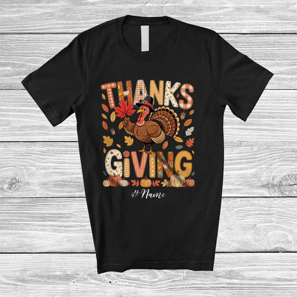 MacnyStore - Personalized Custom Name Thanksgiving; Adorable Plaid Pilgrim Turkey Fall Leaves; Family T-Shirt
