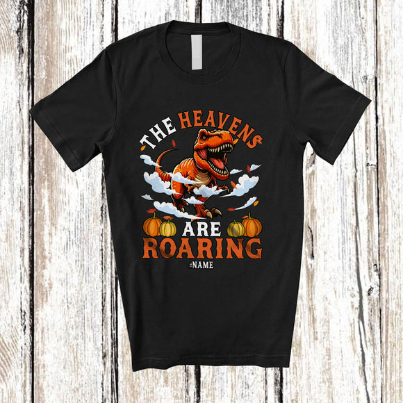 MacnyStore - Personalized Custom Name The Heavens Are Roaring; Joyful Thanksgiving T-Rex Fall Pumpkins T-Shirt