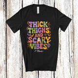 MacnyStore - Personalized Custom Name Thick Thighs Scary Vibes; Joyful Halloween Bats Pumpkin; Groovy T-Shirt