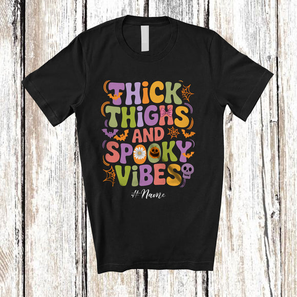 MacnyStore - Personalized Custom Name Thick Thighs Spooky Vibes; Joyful Halloween Bats Pumpkin; Groovy T-Shirt