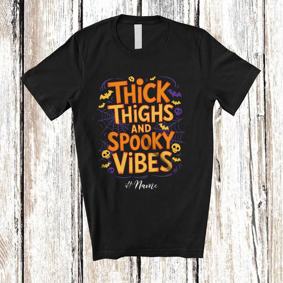 MacnyStore - Personalized Custom Name Thick Thighs Spooky Vibes; Joyful Halloween Bats Skulls; Family T-Shirt