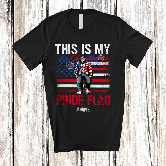 MacnyStore - Personalized Custom Name This Is My Pride Flag; Amazing 4th Of July US Flag Bigfoot Patriotic T-Shirt