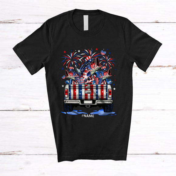 MacnyStore - Personalized Custom Name Three American Flag Bass Fish On Truck; Amazing 4th Of July Patriotic T-Shirt