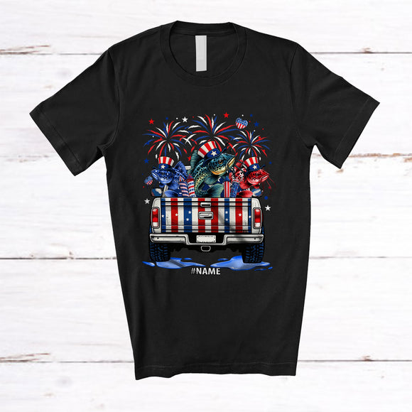 MacnyStore - Personalized Custom Name Three American Flag Catfish On Truck; Amazing 4th Of July Patriotic T-Shirt