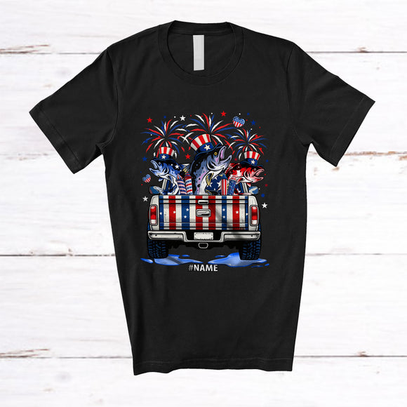 MacnyStore - Personalized Custom Name Three American Flag Salmon On Truck; Amazing 4th Of July Patriotic T-Shirt