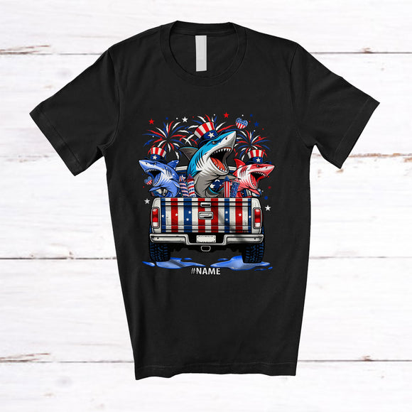 MacnyStore - Personalized Custom Name Three American Flag Shark On Truck; Amazing 4th Of July Patriotic T-Shirt