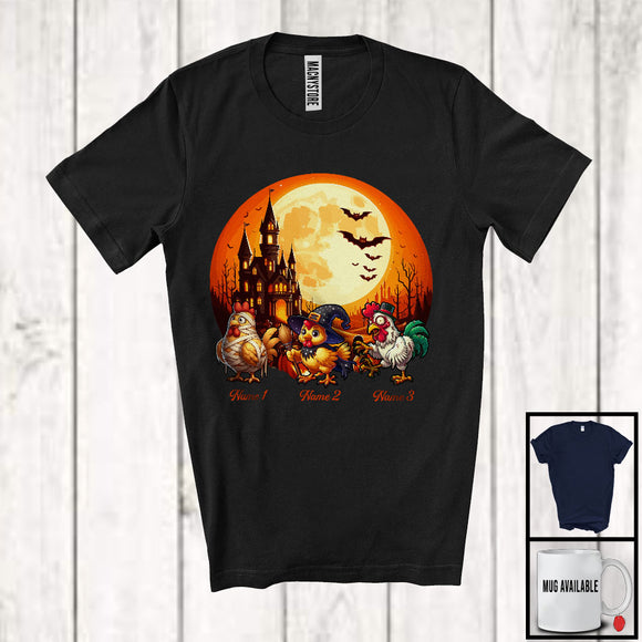 MacnyStore - Personalized Custom Name Three Boo Witch Mummy Chickens, Humorous Halloween Chicken Farmer T-Shirt