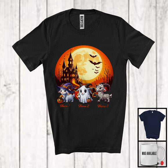 MacnyStore - Personalized Custom Name Three Boo Witch Mummy Goats, Humorous Halloween Goat Farmer T-Shirt
