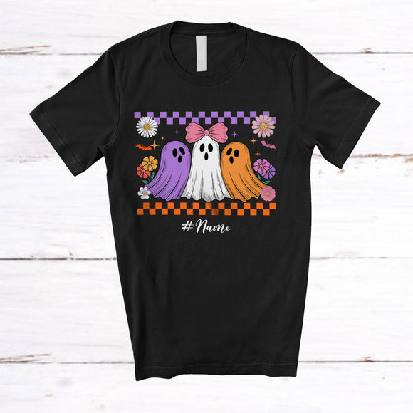 MacnyStore - Personalized Custom Name Three Colorful Boo Ghost; Lovely Halloween Groovy Bow Tie; Flowers T-Shirt