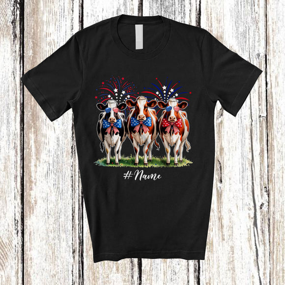 MacnyStore - Personalized Custom Name Three Cow Bow Tie; Amazing 4th of July Farming Farmer Patriotic T-Shirt