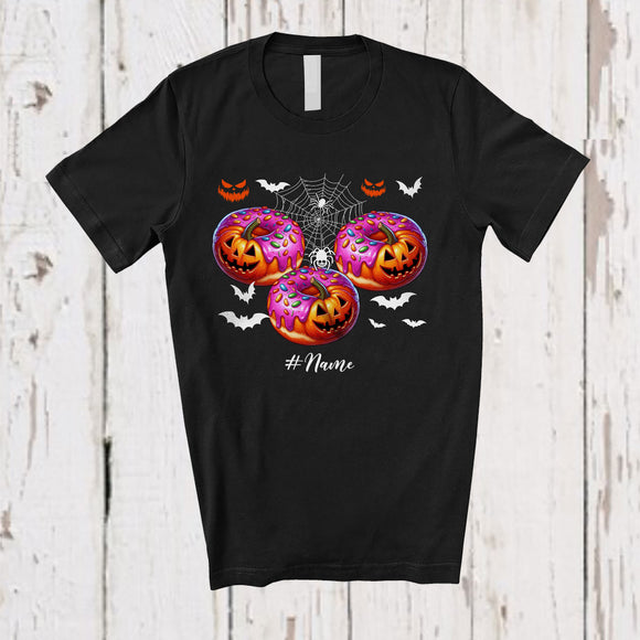 MacnyStore - Personalized Custom Name Three Donut Pumpkin Face; Scary Halloween Donut Eating Food Lover T-Shirt