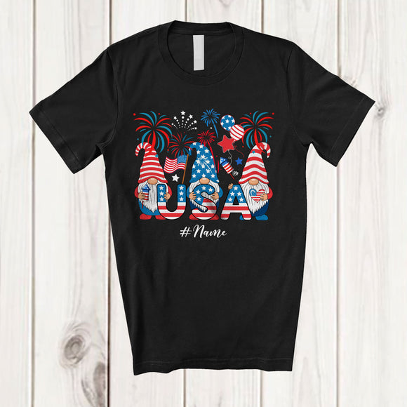 MacnyStore - Personalized Custom Name Three Gnomes Holding USA; Joyful 4th Of July American Flag Patriotic T-Shirt