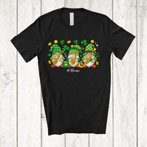 MacnyStore - Personalized Custom Name Three Gnomes Saxophone; Joyful St. Patrick's Day Shamrock Saxophonist T-Shirt