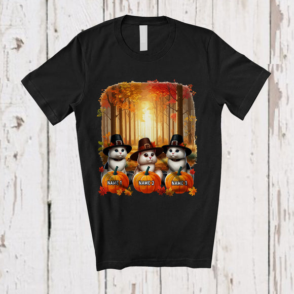 MacnyStore - Personalized Custom Name Three Pilgrim Cat Fall Landscape; Lovely Thanksgiving Fall Pumpkin Cat Owner T-Shirt