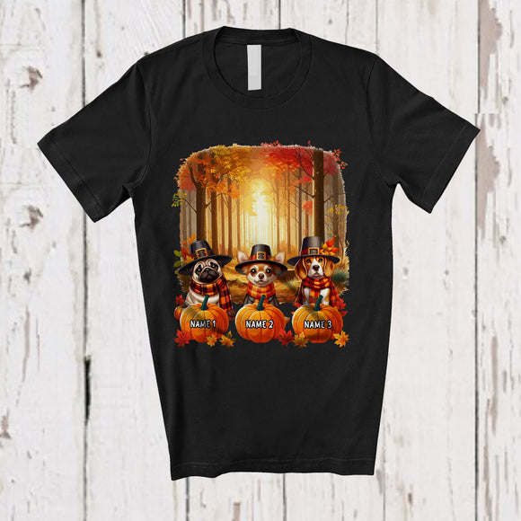 MacnyStore - Personalized Custom Name Three Pilgrim Dog Fall Landscape; Lovely Thanksgiving Fall Pumpkin Dog Owner T-Shirt