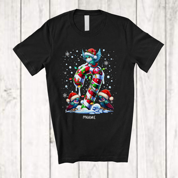 MacnyStore - Personalized Custom Name Three Santa Hummingbird On Candy Cane; Amusing Christmas Lights Bird T-Shirt