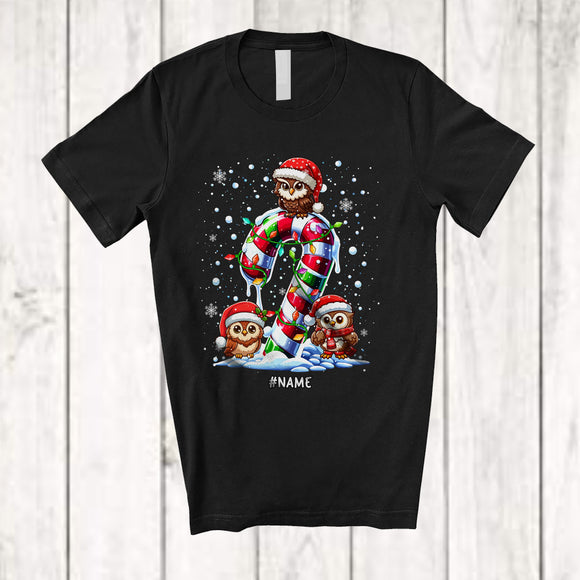 MacnyStore - Personalized Custom Name Three Santa Owl On Candy Cane; Amusing Christmas Lights Bird T-Shirt