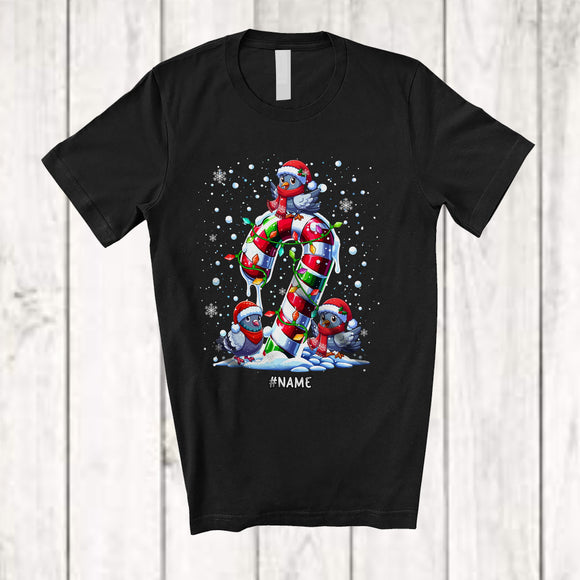 MacnyStore - Personalized Custom Name Three Santa Pigeon On Candy Cane; Amusing Christmas Lights Bird T-Shirt