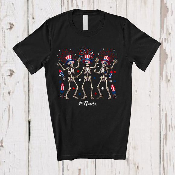 MacnyStore - Personalized Custom Name Three Skeletons Dancing; Joyful 4th of July Fireworks; Patriotic T-Shirt