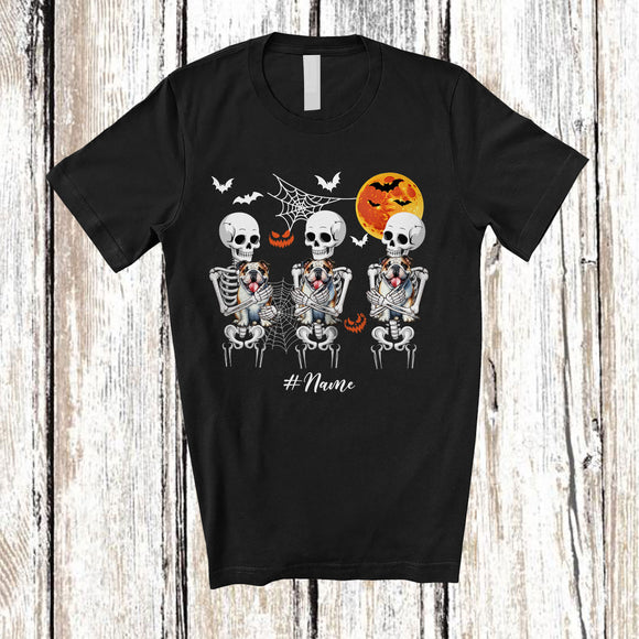 MacnyStore - Personalized Custom Name Three Skeletons Hug Bulldog; Lovely Halloween Moon Family T-Shirt